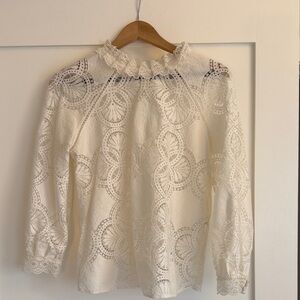 Sézane Cream Lace Eyelet Ruffle-Neck Blouse